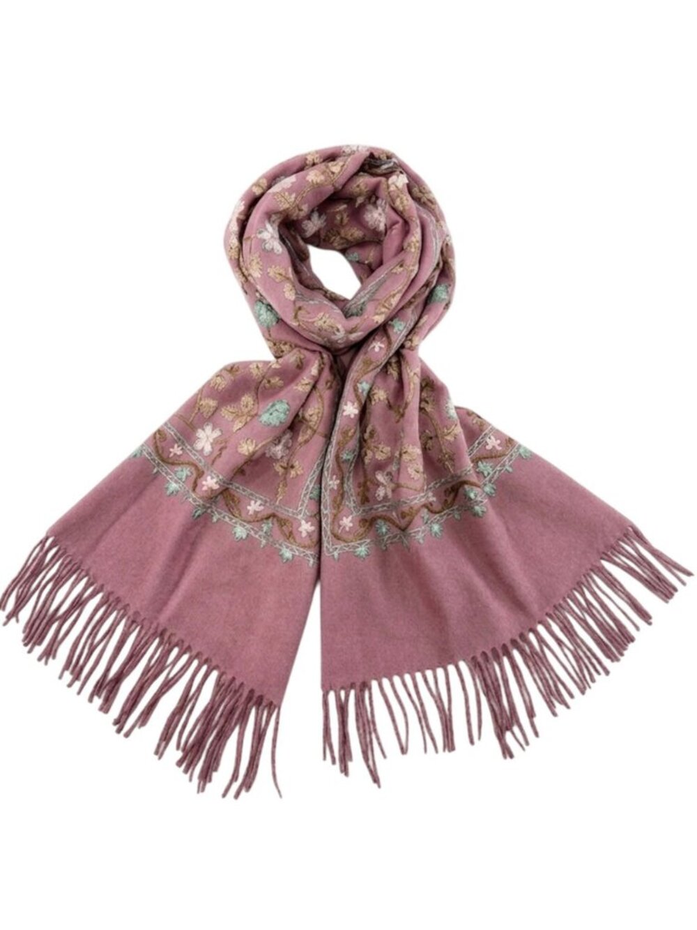 Tigerstars Reversible Dust Pink Floral Pattern Print Fringe Shawl Wrap Scarf